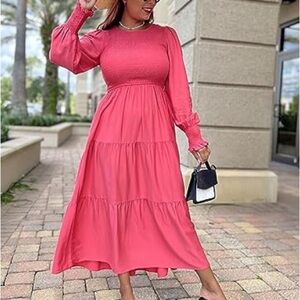 ZESICA WOMENS VERSATILE OCCASION SMOCKED FLOWY TIERED MIDI DRESS, SIZE XL.